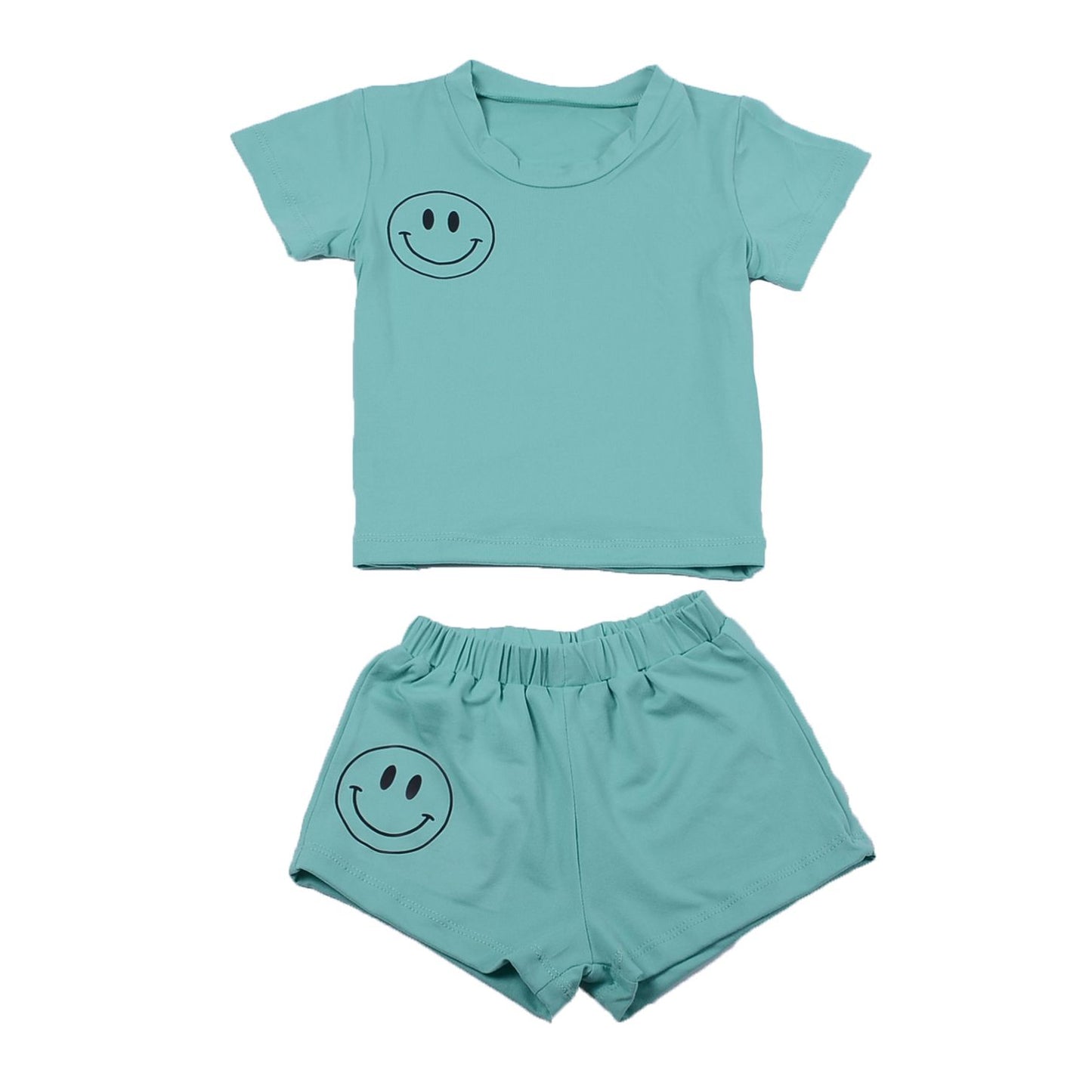 Wholesale Custom Logo Baby Clothes Smiling Face Printing Pajama Short Sleeve Sweatshirt Kids Bicycle shorts suit baby Set