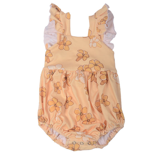 Ga-13 Customized OEM-ODM Baby Usa Leo Hawaii Print Girls Bubble Blue Flowers Printed Ruffle Sleeves Girls Romper