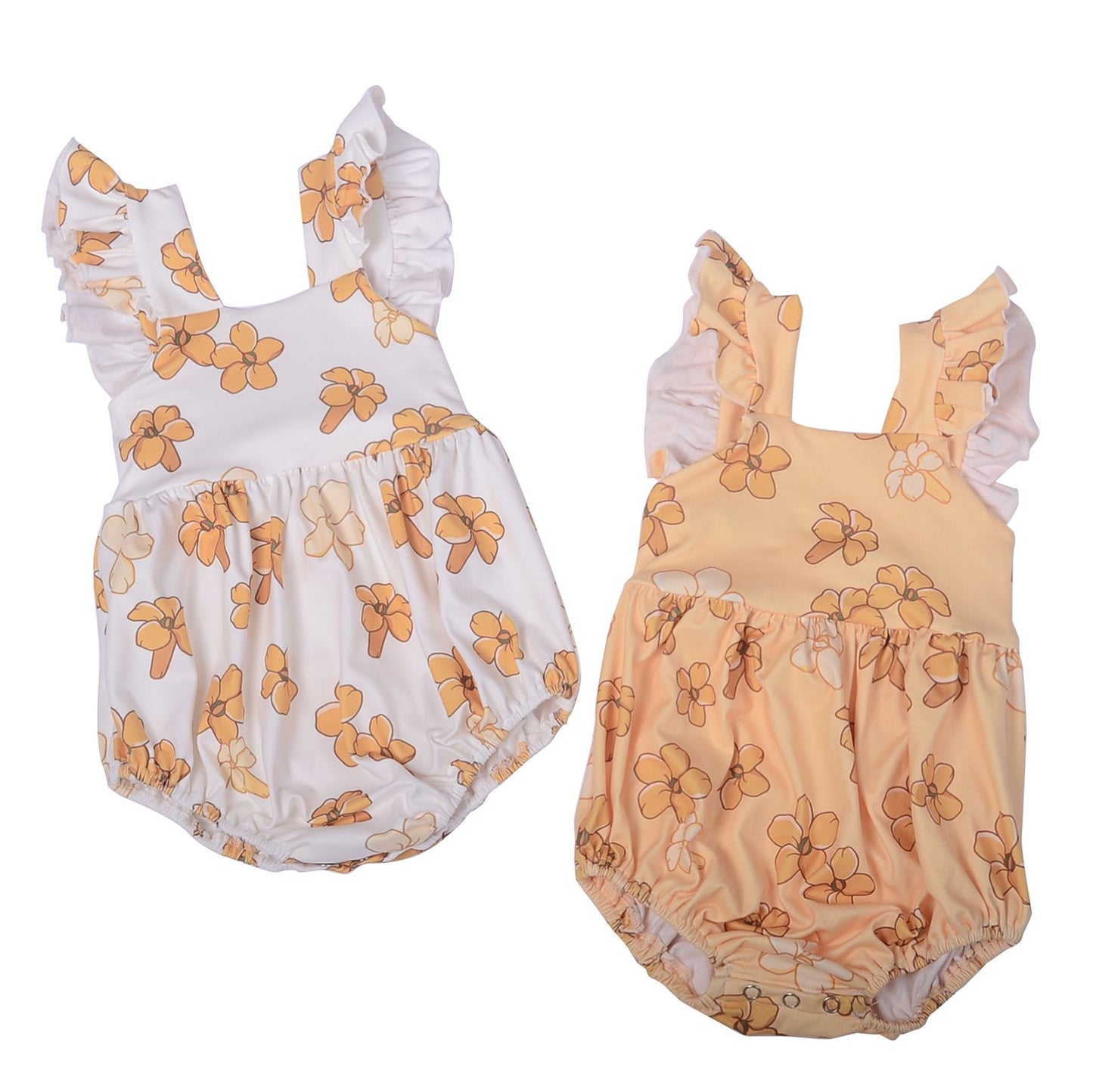 Ga-13 Customized OEM-ODM Baby Usa Leo Hawaii Print Girls Bubble Blue Flowers Printed Ruffle Sleeves Girls Romper