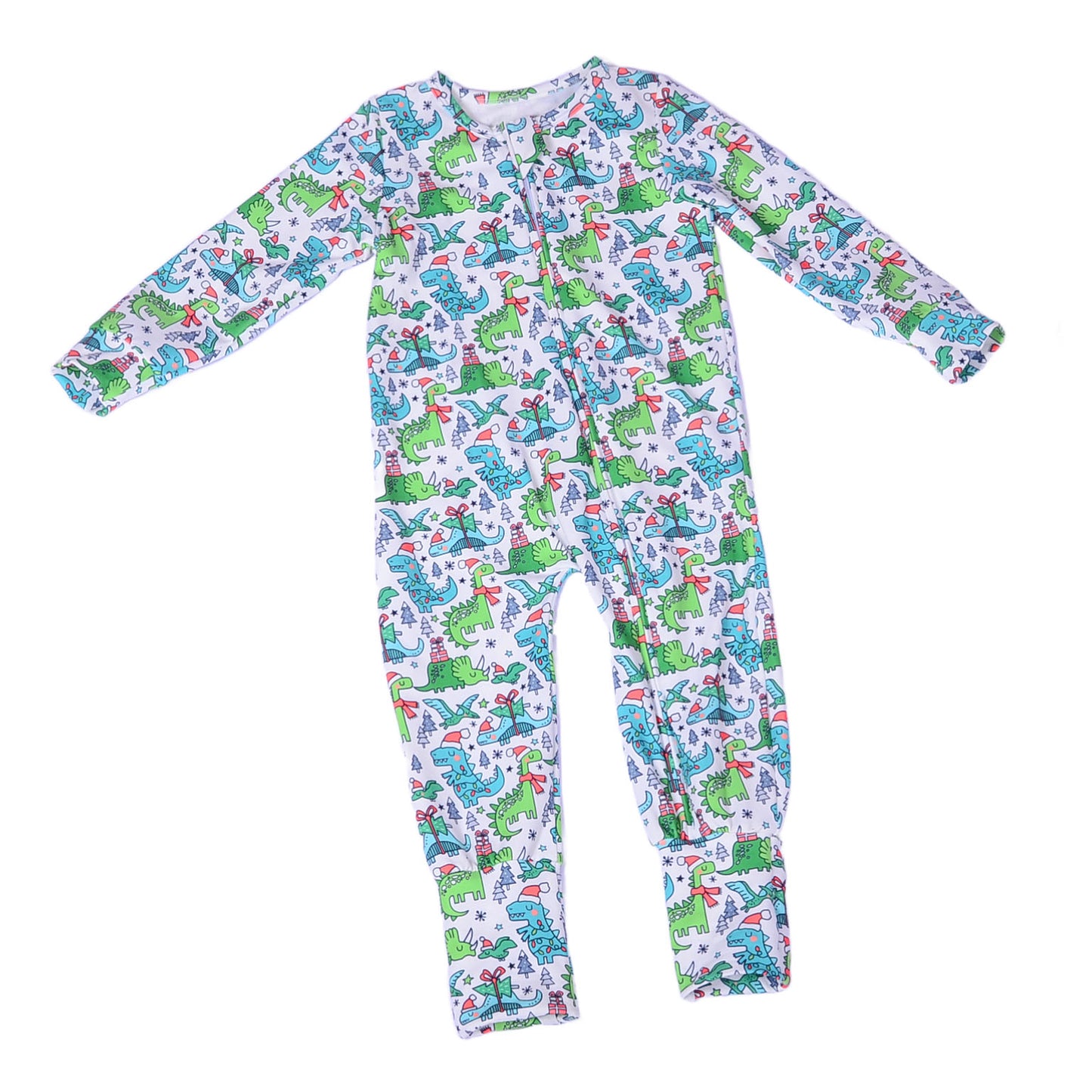 Fb-2 Custom Dinosaur Printed 230g Cotton/Bamboo Girls Jumpsuit Zip-Up Pajamas Long Folding Feet Romper for Babies