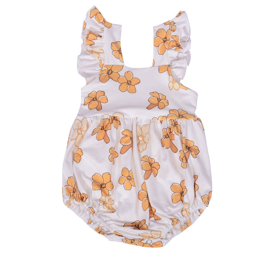 Ga-13 Customized OEM-ODM Baby Usa Leo Hawaii Print Girls Bubble Blue Flowers Printed Ruffle Sleeves Girls Romper