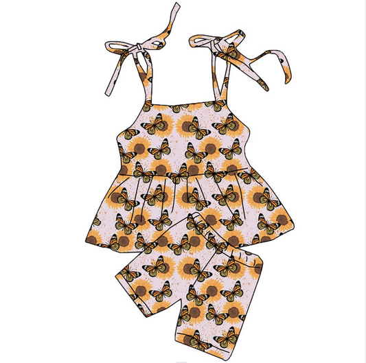 Factory wholesale butterfly printing girl shorts Sling suit Girls' Ruffle suit Leisure baby girls' clothing sets