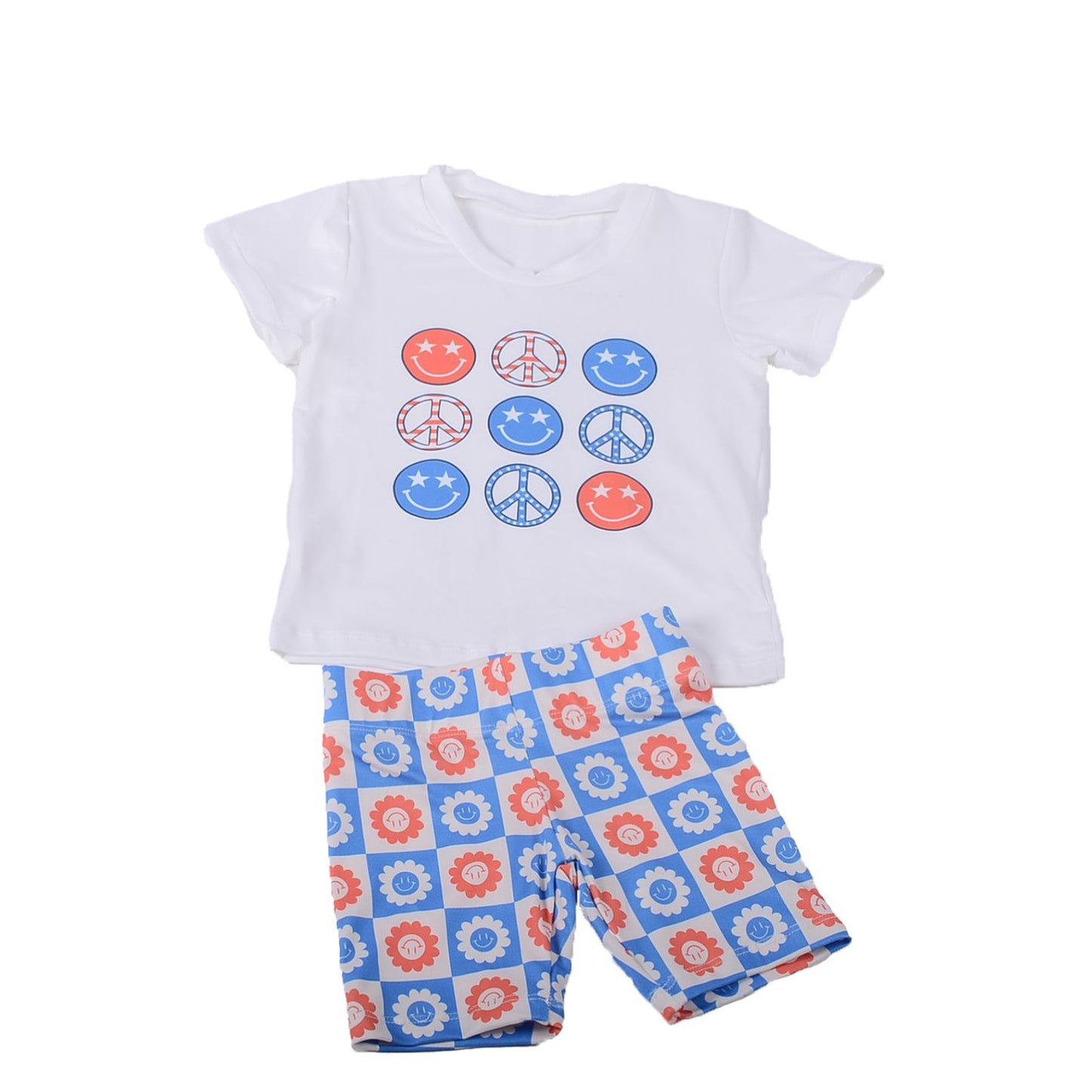 Wholesale Custom Baby Clothes Smiling Face Printing Pajama Short Sleeve Sweatshirt Kids Bicycle shorts suit baby Set