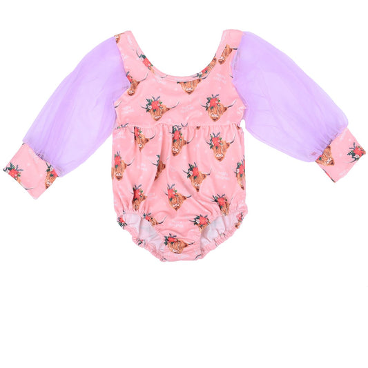 Wholesale And customization Lace mesh long sleeves Baby cow Girls Leo alien Baby Girls snaps leotards